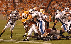 UT football, seen here at Neyland in September 2006 against Air Force, has seen various up-and-down seasons since the 1998 season. Volunteers on offense at AFA at Tennessee 2006-09-09.JPG