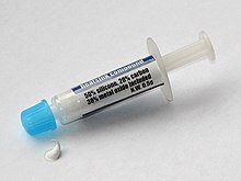 Some chemical compounds, such as thermal paste and various glues, e.g. epoxy, are sold in prepackaged syringes. Warmeleitpaste Thermal Compound.jpg