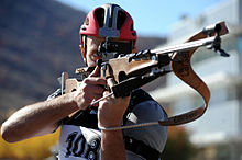 Three-time Olympian Jeremy Teela practices shooting with his Anschutz Fortner rifle at a summer biathlon event in Utah, USA. WCAPTeelaShooting.jpg