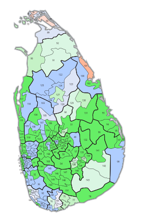 Mehrheiten in den 160 Stimmbezirken: ﻿Premadasa (UNP), Beteiligung > 35 % ﻿Premadasa (UNP), Beteiligung 15–35 % ﻿Premadasa (UNP), Beteiligung < 15 % ﻿Bandaranaike (DPA), Beteiligung > 35 % ﻿Bandaranaike (DPA), Beteiligung 15–35 % ﻿Bandaranaike (DPA), Beteiligung < 15 % ﻿Abeyagoonasekera (SLMP), Beteiligung >35 % ﻿Abeyagoonasekera (SLMP), Beteiligung 15–35 %