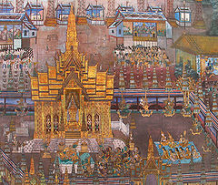 Image 22Mural of the epic Ramakien, written by King Rama I, the Thai version of the Ramayana, on the walls of the Temple of the Emerald Buddha, Grand Palace, Bangkok (from Culture of Thailand)