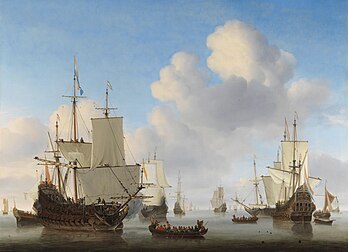 O navio Dutch men-o'-war com outros navios dos Países Baixos em uma calmaria, pintados por Willem van de Velde o Jovem. (definição 7 352 × 5 273)