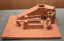 A Han-dynasty pottery model of two men operating a winnowing machine with a crank handle and a tilt hammer used to pound grain. Winnowing machine and tilt hammer.JPG