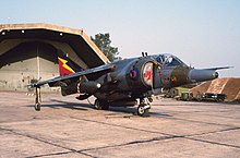 XV738 the first production Harrier GR1, soon after made into a GR3, seen in August 1987 at RAF Gutersloh with 4 Squadron, piloted by Squadron Leader Clive Loader, who became an Air Chief Marshal XV738 (14366330052).jpg