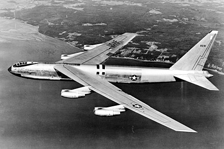 Side view of YB-52 bomber, still fitted with a tandem cockpit, in common with other jet bombers in US service, such as the B-45 Tornado, B-47 Stratojet and Martin B-57 Canberra