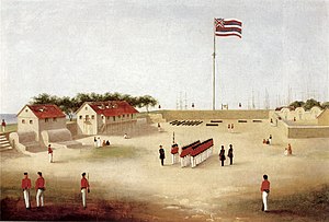 'Uitzicht op de Honolulu Fort - Interior', olieverf op doek schilderen door Paul Emmert, c.  1853 Hawaii Historisch Society.jpg