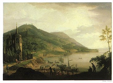 Вид Никольской пристани при впадении реки Ангары в Байкальское озеро (1824). ГРМ