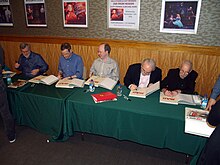 Mad creators at a November 2013 book signing for the Inside Mad collection. From left to right: Art director Sam Viviano, writers Tim Carvell and Desmond Devlin, editor-in-chief John Ficarra, and artist Al Jaffee. 11.13.13InsideMadByLuigiNovi23.jpg