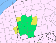 Map of the Pittsburgh Tri-State with green counties in the metropolitan area and yellow counties in the combined area 2013 Pittsburgh Metro Area SMALL.PNG