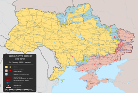 Mapa postupu ruských vojsk na Ukrajinu a ukrajinských měst bombardovaných Ruskem:      Území kontrolováno Ukrajinou      Území okupováno Ruskem a proruskými separatisty