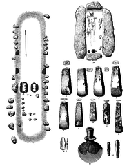 Plan of the "oval dolmen" in Bogø and drawing of the grave goods. A. P. Madsen 1896.