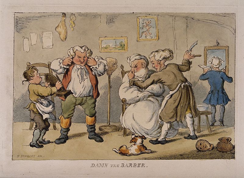File:A barber shaving a disgruntled man. Coloured etching after H Wellcome V0019680.jpg