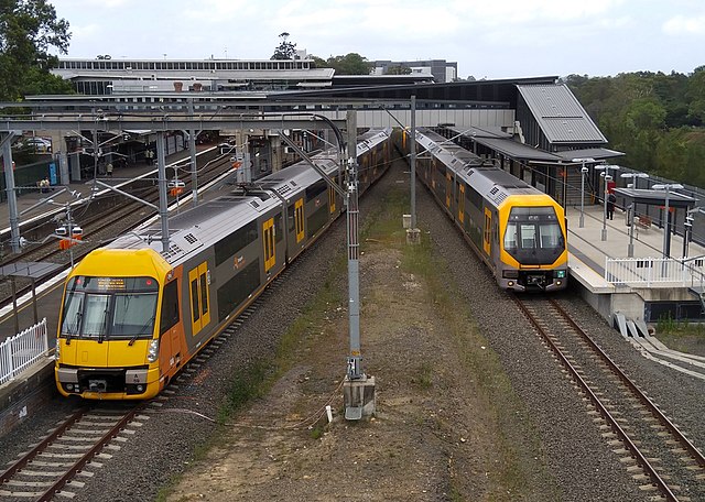 A set and M set at Liverpool station, on the Sydney Trains T2, T3 and T5 lines