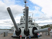 Massachusetts' rear turret, showing the ability of the guns to elevate independently American battleship, massachusetts.jpg