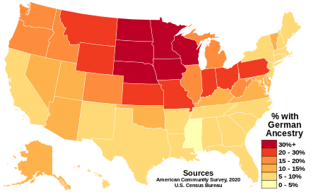 Americans with German Ancestry by state according to the U.S. Census Bureau's American Community Survey in 2020
