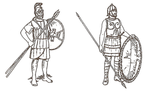 Պարսկաստանի արքա Քսերքսես I-ի միջինասիական զինվորներ։ Ձախից` Հոնիական հետևակ: Նրանք կրում էին հունական հագուստ, որը վերցված էր հույներից։ Աջից՝ բրոնզե սաղավարտով պարսիկ զինվոր