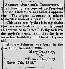 "Andrew Johnson's Indenture" (Asheville News, August 20, 1869, Page 4) Andrew Johnson s Indenture (Asheville News, August 20, 1869, Page 4).jpg