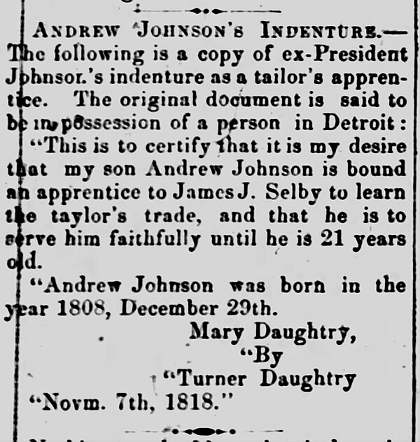 "Andrew Johnson's Indenture" (Asheville News, August 20, 1869, Page 4)