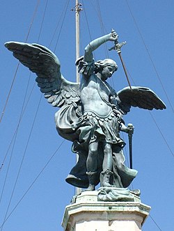 Archanděl Michael třímající meč na Andělském hradě v Římě (patron kongregace).