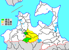 Расположение уезда Минамицугару (жёлтый цвет) на карте префектуры Аомори
