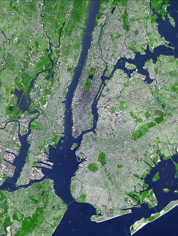 Satellite image showing the core of the New York metropolitan area. Over 10 million people live in the imaged area. Much of Hudson County is located o