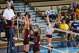The Pioneers volleyball team in action against the Texas A&M–Commerce Lions in 2014