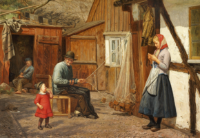 Young girl talking to a fisherman who is mending nets