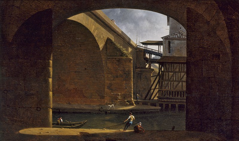 File:Auguste Jacques Régnier - Le Pont et la Pompe Notre-Dame, vus de la voûte du quai de Gesvres - P290 - Musée Carnavalet.jpg