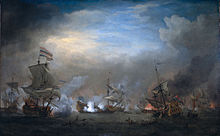 English and Dutch ships clash at night; the sky is dark, with the last colour of the day in the centre. The surrounding edges of the picture fade into deep blues and darkness.