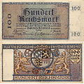 A Bayerische Notenbank 1924-es 100 birodalmi márkás bankjegyének elő- és hátoldala.