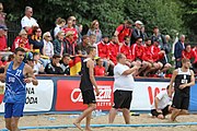 Deutsch: Beachhandball Europameisterschaften 2019 (Beach handball Euro); Tag 3: 4. Juli 2019 – Männer, Hauptrunde Gruppe I, Serbien-Deutschland 2:1 (14:25, 20:18, 7:6) English: Beach handball Euro; Day 3: 4 July 2019 – Men Main Round Group I – Serbia-Germany 2:1 (14:25, 20:18, 7:6)