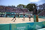 Deutsch: Beachvolleyball bei den Olympischen Jugendspielen 2018; Tag 11, 17. Oktober 2018; Jungen, Spiel um Platz 3 – Argentinien-Ungarn 2:0 (21–15/21–15) English: Beach volleyball at the 2018 Summer Youth Olympics at 17 October 2018 – Bronze Medal Match – Argentina-Hungary 2:0 (21–15/21–15)