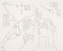 Ramses II tijdens de verovering van een Syrisch fort (tekening en origineel reliëf op de noordwestelijke muur van de vestibule)