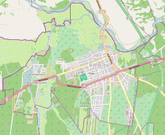 Mapa konturowa Białobrzegów, blisko centrum na prawo znajduje się punkt z opisem „KościółŚwiętej Trójcy”