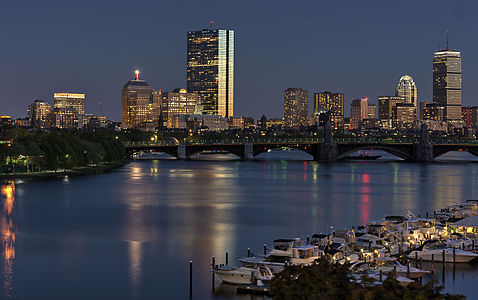 Boston skyline as seen from the top of the parking garage at the Boston Museum of Science.