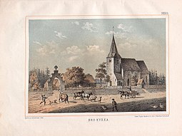 Bro kirke på farvelitografi 1874
