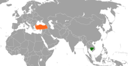 Карта, показваща местоположенията на Камбоджа и Турция