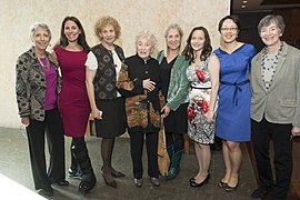 Ltr: JWA director Gail Remmer, Canadian lawyer Rachel Sklar, Susan Levin Schlechter, teacher author Bel Kaufman, journalist Letty Cottin Pogrebin, Rachel Cohen Gerrol, cantor Angela Warnick Buchdahl, Nicki Newman Tanner.