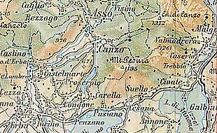 Mappa austriaca del 1887, è mappato lo sviluppo delle mulattiere che collegavano gli Alpeggi, il Cornizzolo è indicato come M. Pesora