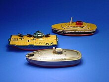 Aircraft carrier, cruise ship, and submarine made of tin Carrier-Cruise-Submarine.JPG