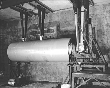 SHRIMP device in its shot cab at Castle Bravo, by the United States Atomic Energy Commission (restored by Bammesk)