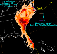 Cleo's rainfall in the United States Cleo 1964 rainfall.png