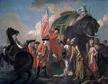 Lord Clive meeting with Mir Jafar after the Battle of Plassey by Francis Hayman, depicting Robert Clive meeting with Mir Jafar after the battle of Plassey. The victory at Plassey marked the start of a period form Company expansion which saw them seizing control over the Indian subcontinent and Burma over the next century.[25][26]