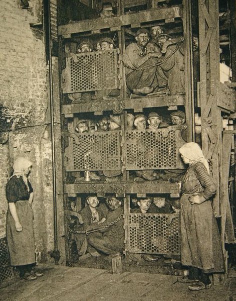 File:Coal Miners coming up a Coal Mine Elevator after a day of work.jpg