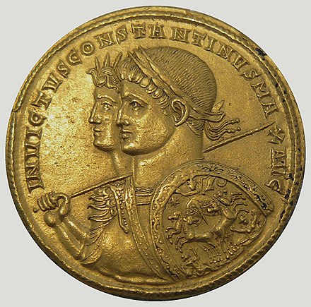 Jugate gold multiple issued by Constantine at Ticinum in 313, showing the emperor and the god Sol, with Sol also depicted in his quadriga on Constantine's shield.[16]