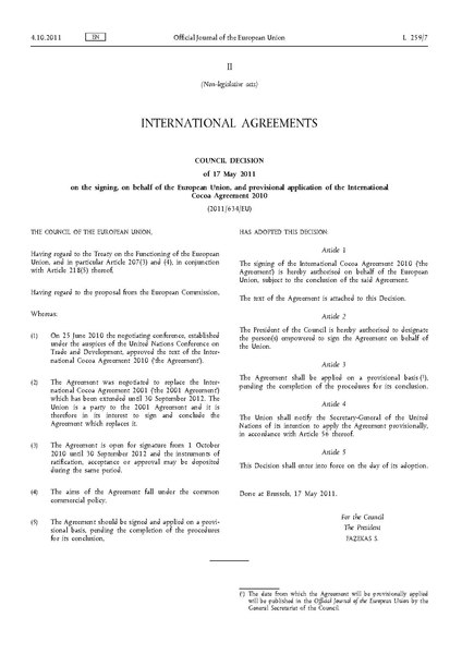 File:Council Decision of 17 May 2011 on the signing, on behalf of the European Union, and provisional application of the International Cocoa Agreement 2010 (EUD 2011-634).pdf