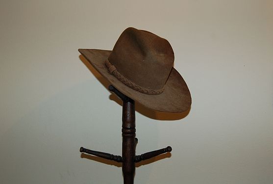 Old cowboy hat resting on old hat rack, after a long life.