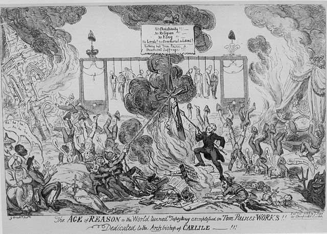 A George Cruikshank cartoon attacking Paine; The caption reads: "The Age of Reason; or, the World turned Topsy-turvy exemplified in Tom Paine's Works!