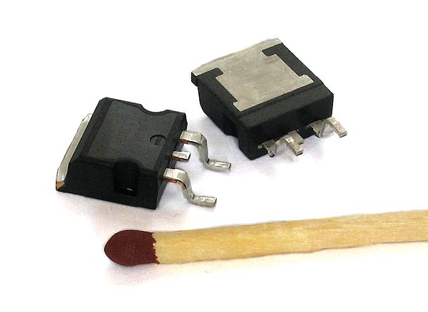 Two power MOSFETs in D2PAK surface-mount packages. Operating as switches, each of these components can sustain a blocking voltage of 120 V in the off 