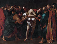 Doubting Thomas. circa 1628 date QS:P,+1628-00-00T00:00:00Z/9,P1480,Q5727902 . oil on canvas medium QS:P186,Q296955;P186,Q12321255,P518,Q861259 . 250.4 × 308.5 cm (98.5 × 121.4 in). Amsterdam, Rijksmuseum Amsterdam.